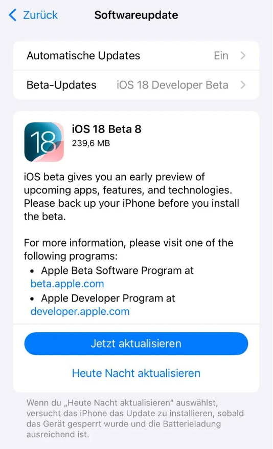 朔城苹果手机维修分享苹果 iOS / iPadOS 18 开发者预览版 Beta 8 发布 